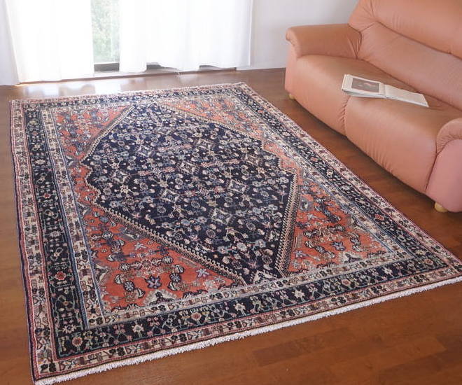 ペルシャ絨毯（オールド）藍×ピンク リビングサイズ｜家庭織りギャッベ 