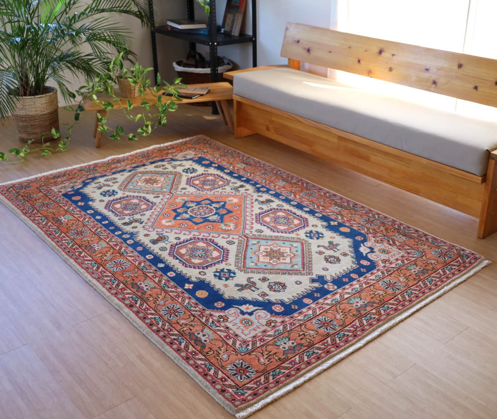 ペルシャ絨毯 イラン、アルデビル産 213×138cm ウール＆シルク　オレンジ×青