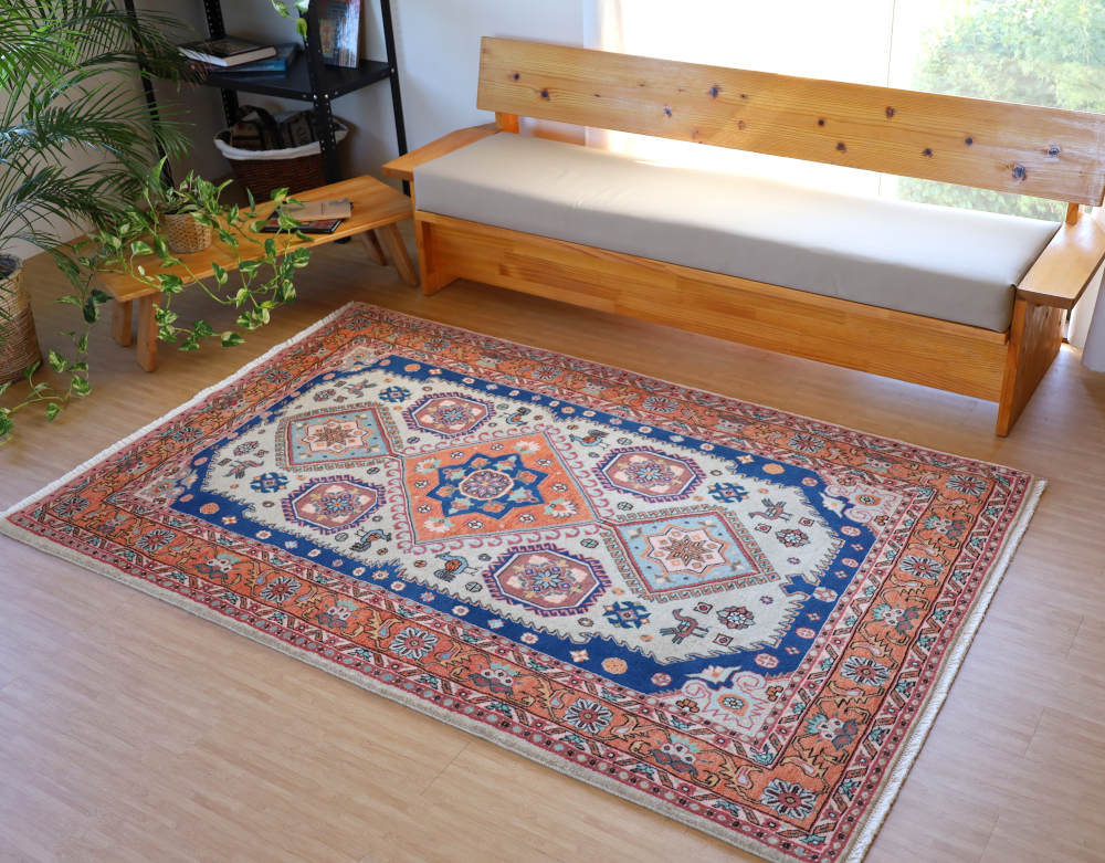 ペルシャ絨毯 イラン、アルデビル産 213×138cm ウール＆シルク　オレンジ×青