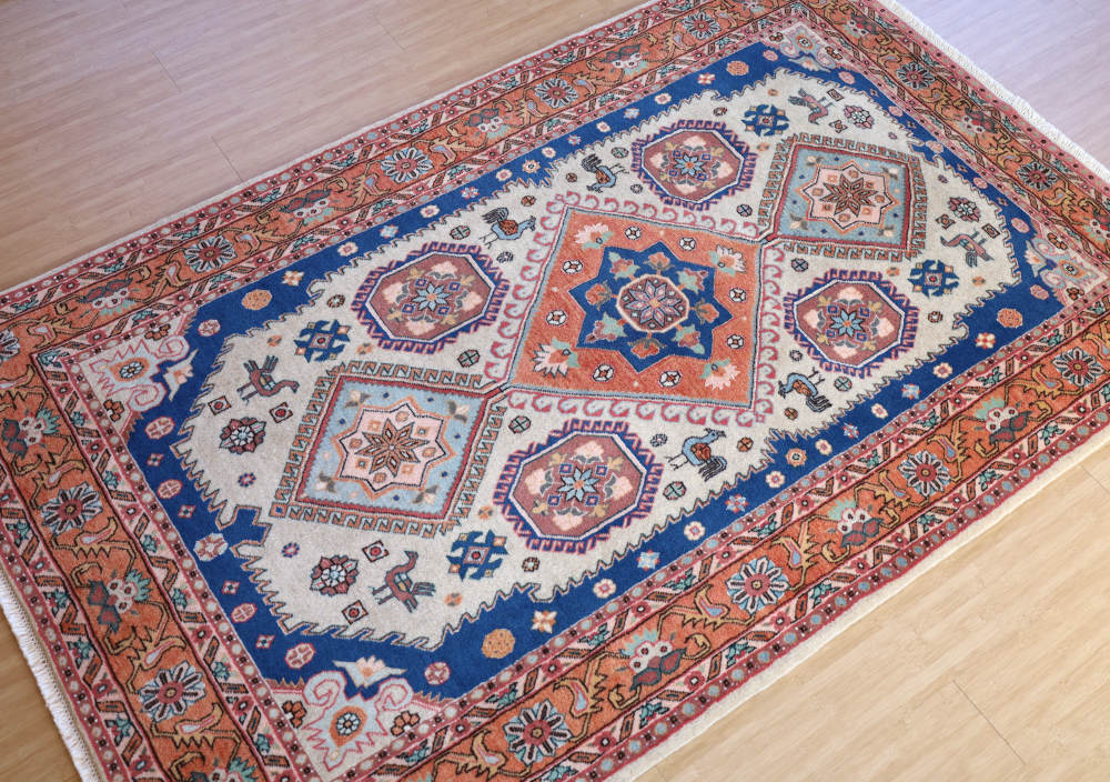 ペルシャ絨毯 イラン、アルデビル産 213×138cm ウール＆シルク　オレンジ×青