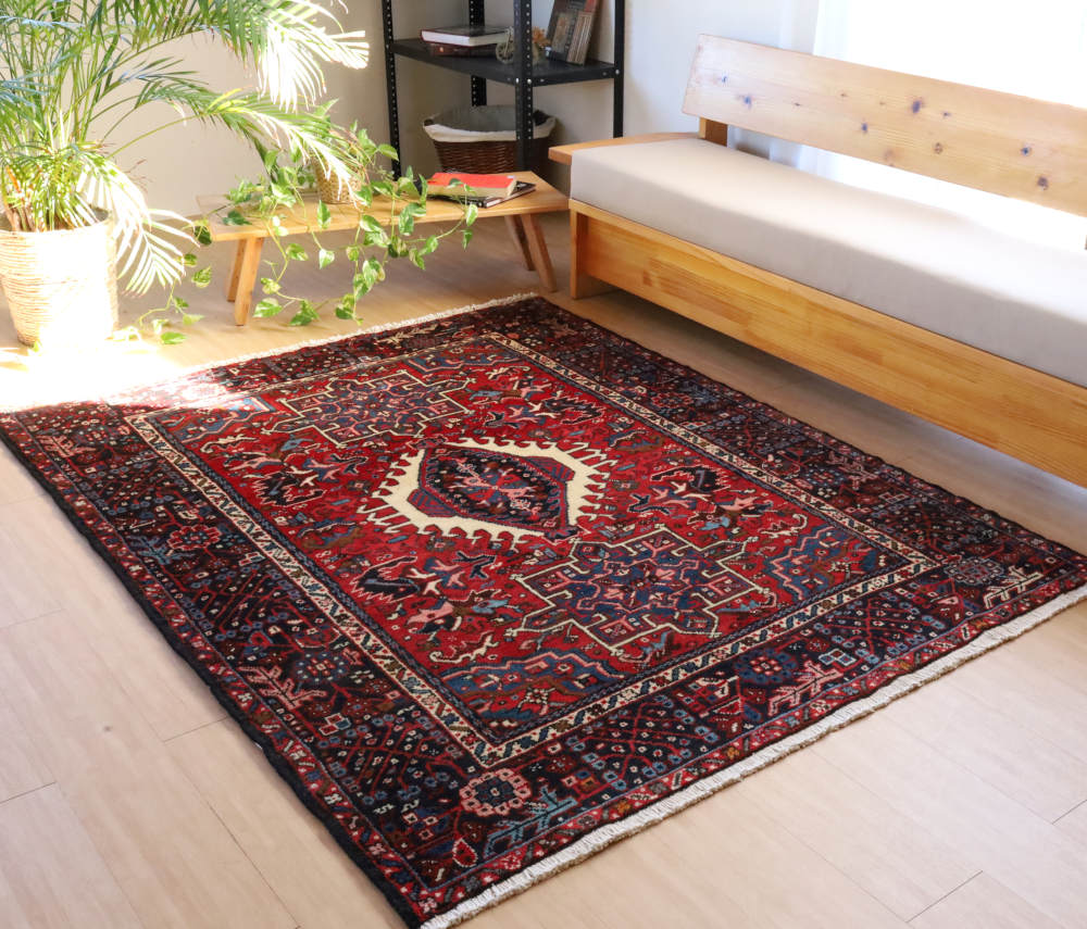 ペルシャ絨毯 イラン、ビドガネ産 190×150cm ウール　藍とえんじ