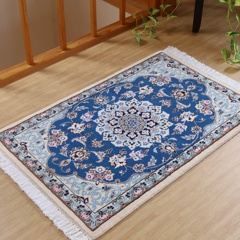 ペルシャ絨毯 ナイン産 92×61cm 青