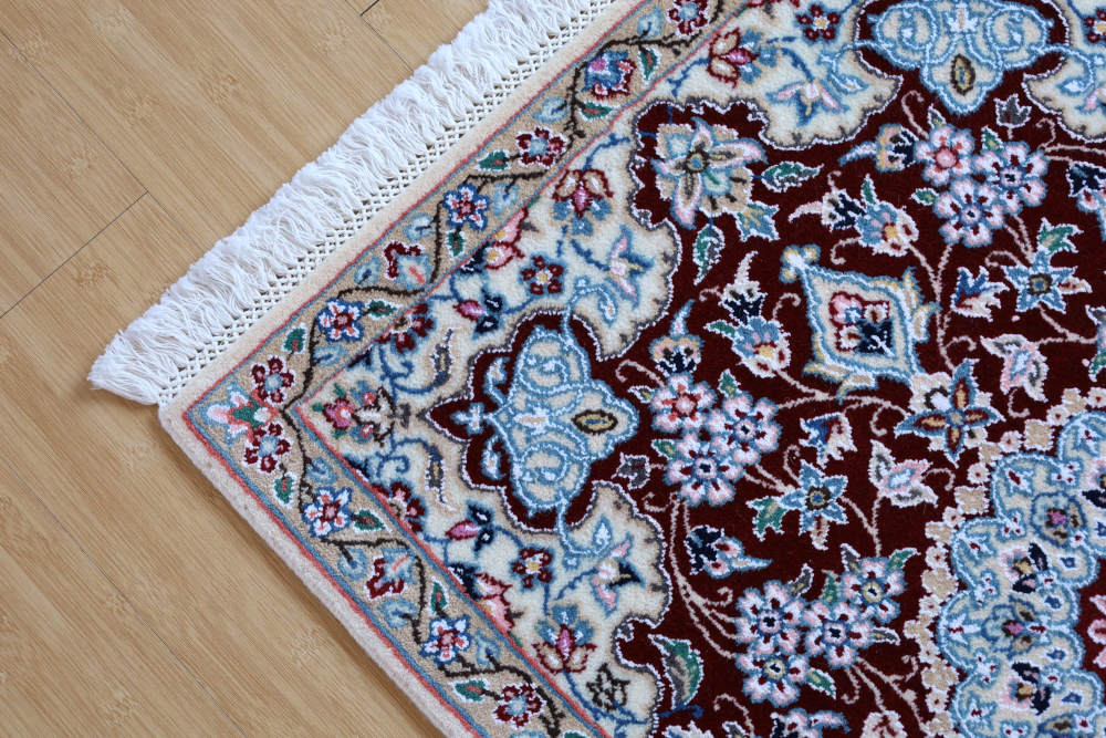 ペルシャ絨毯玄関マット イラン、ナイン産 89×62cm ウール＆シルク　ワインレッド