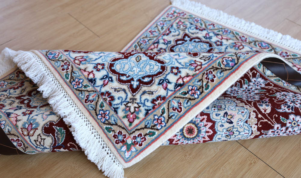 ペルシャ絨毯玄関マット イラン、ナイン産 89×62cm ウール＆シルク　ワインレッド