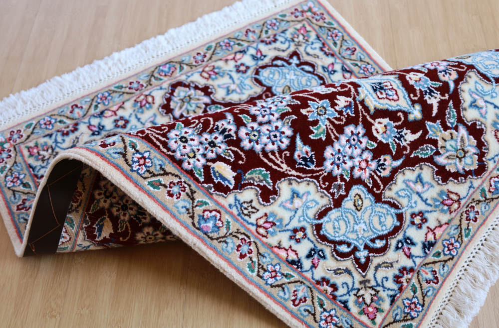 ペルシャ絨毯玄関マット イラン、ナイン産 89×62cm ウール＆シルク　ワインレッド