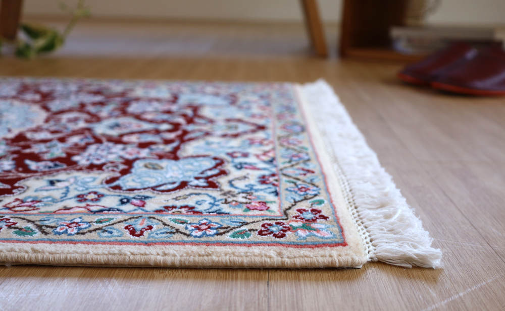 ペルシャ絨毯玄関マット イラン、ナイン産 89×62cm ウール＆シルク　ワインレッド