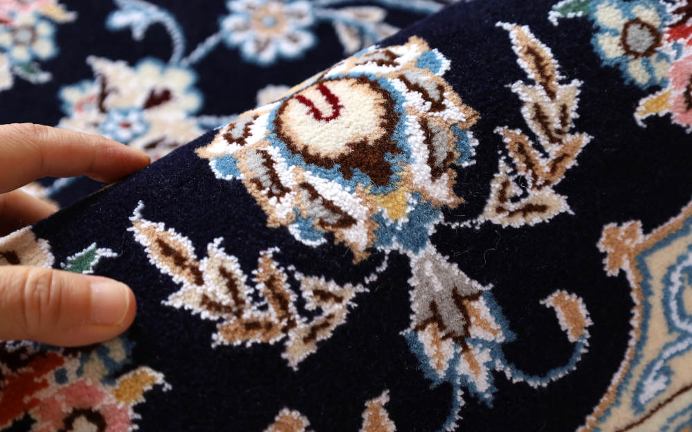 ペルシャ絨毯玄関マット イラン、ナイン産 94×62cm ウール＆シルク　ネイビー