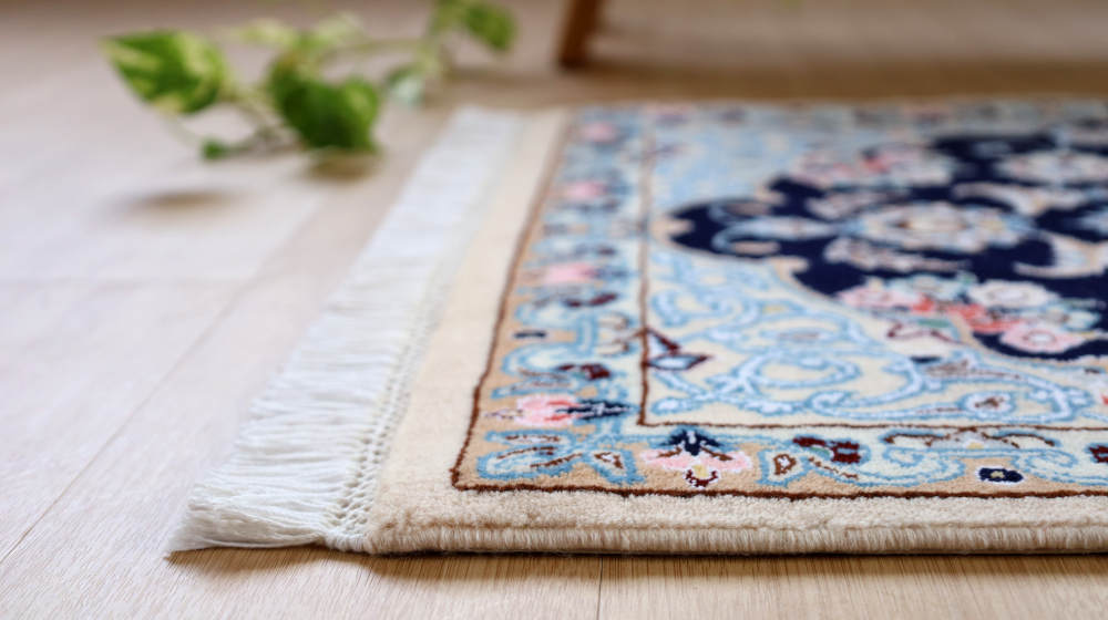 ペルシャ絨毯玄関マット イラン、ナイン産 94×62cm ウール＆シルク　ネイビー