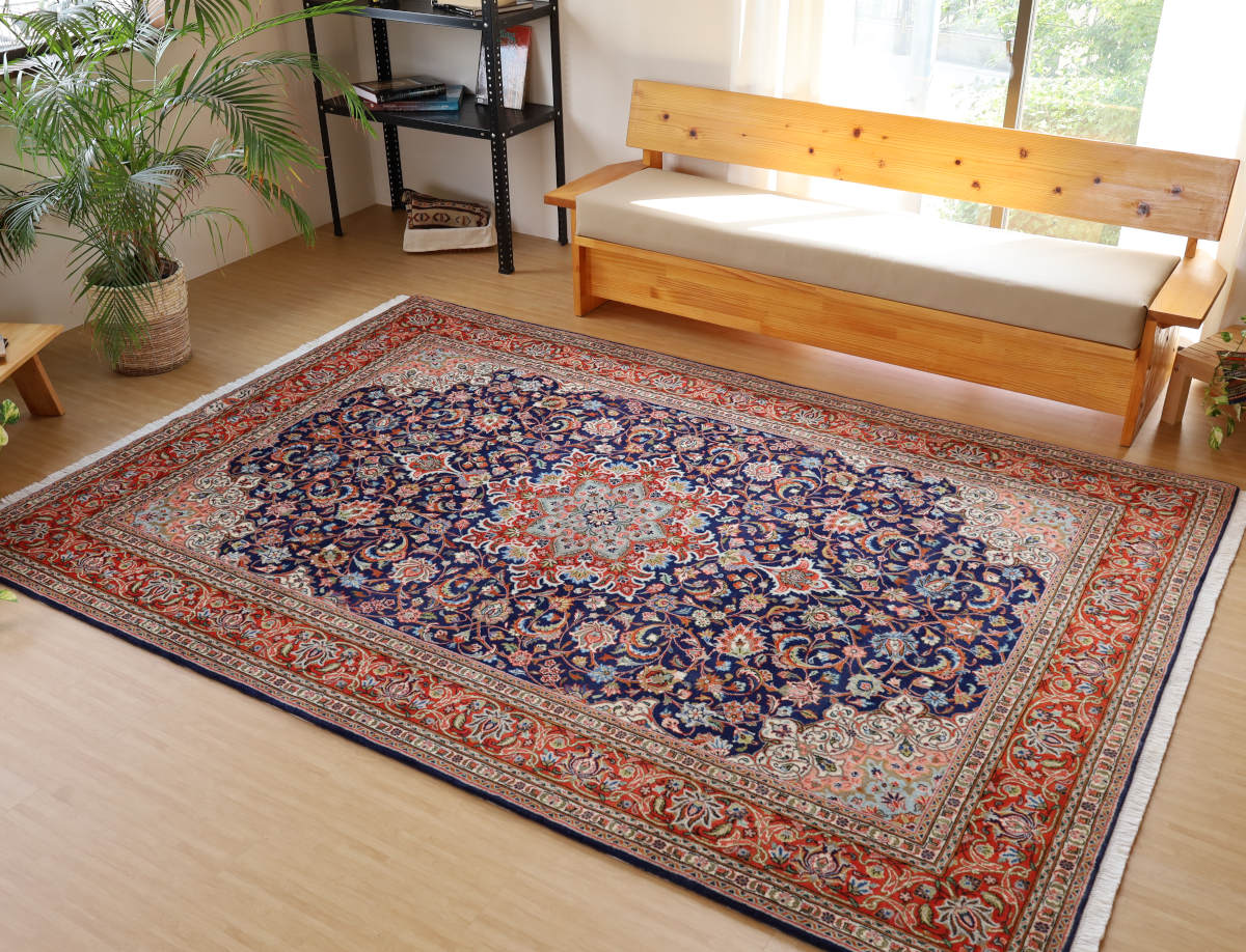 ペルシャ絨毯（2×3メートル） イラン、サルーグ産 277×192cm ウール　オレンジと濃紺