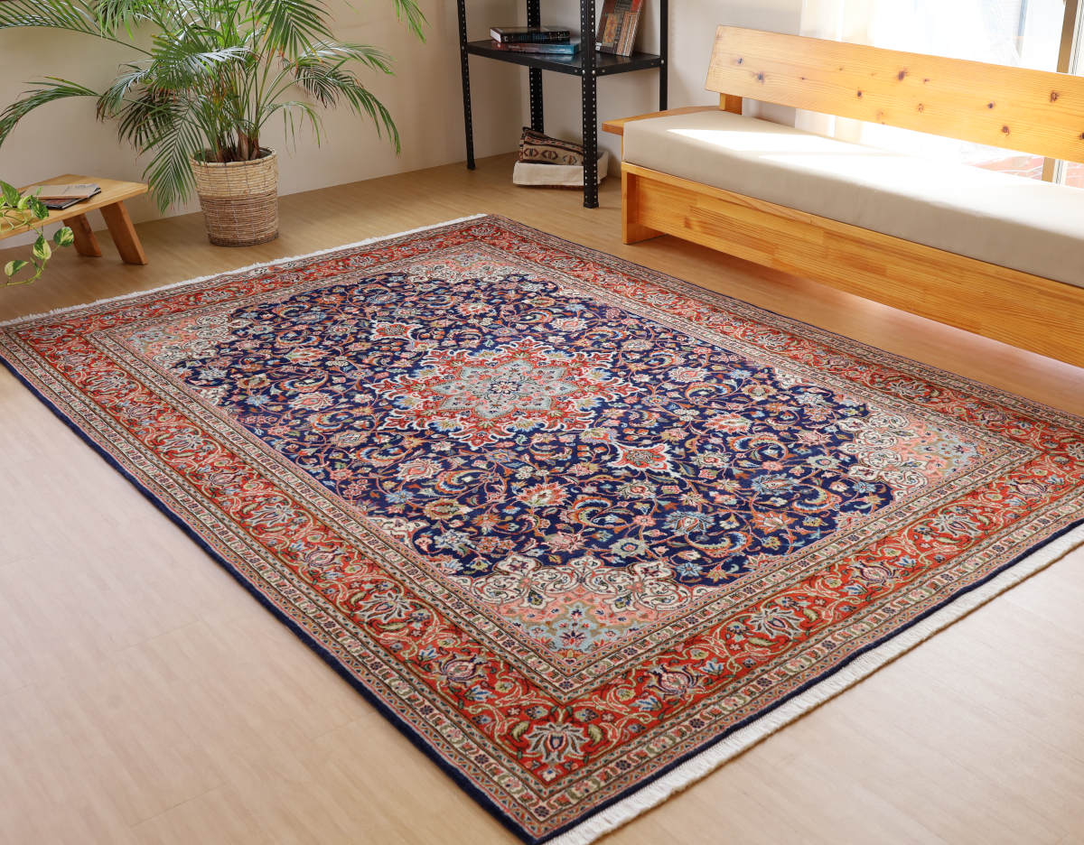 ペルシャ絨毯（2×3メートル） イラン、サルーグ産 277×192cm ウール　オレンジと濃紺