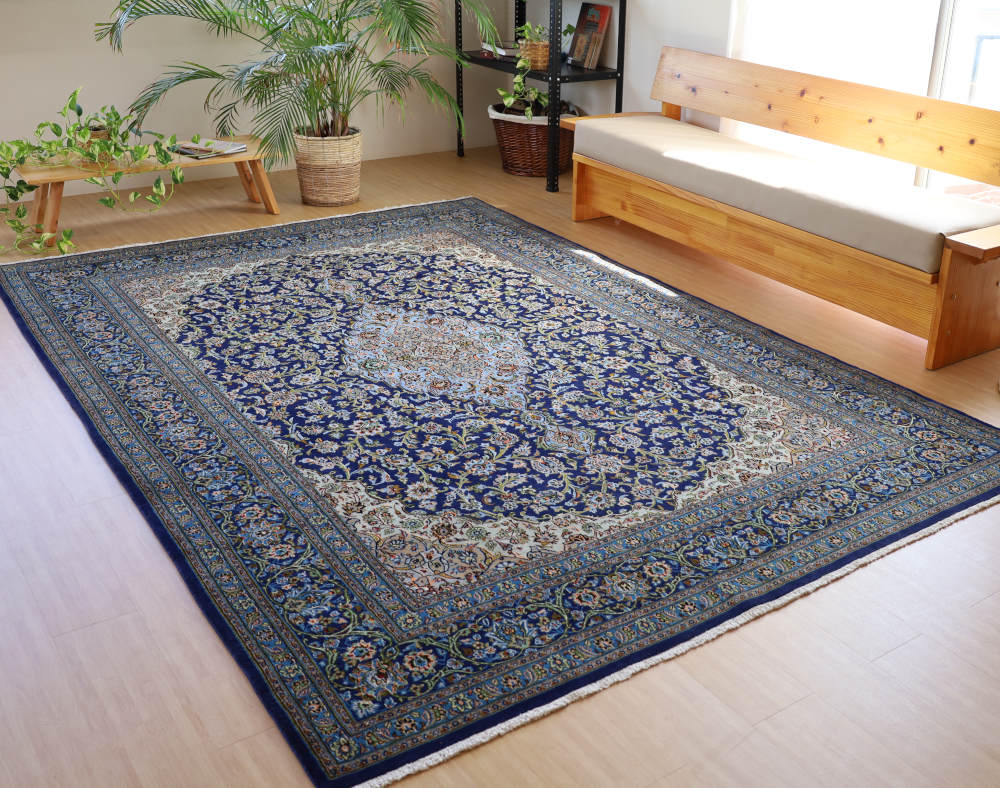 ペルシャ絨毯 イラン、カシャーン産 296×200cm ウール＆シルク　紺色
