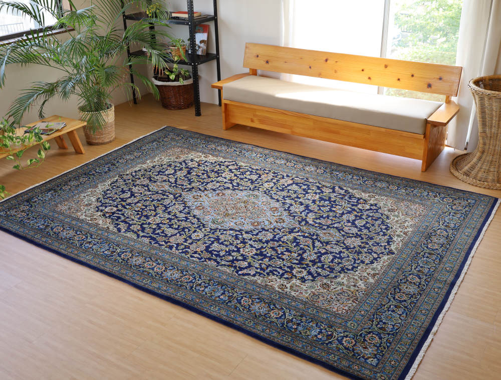 ペルシャ絨毯 イラン、カシャーン産 296×200cm ウール＆シルク　紺色