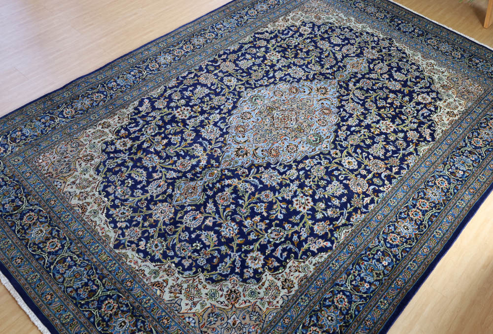 ペルシャ絨毯 イラン、カシャーン産 296×200cm ウール＆シルク　紺色
