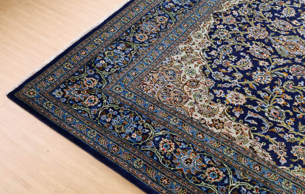 ペルシャ絨毯 イラン、カシャーン産 296×200cm ウール＆シルク　紺色