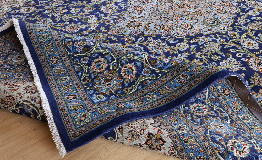 ペルシャ絨毯 イラン、カシャーン産 296×200cm ウール＆シルク　紺色