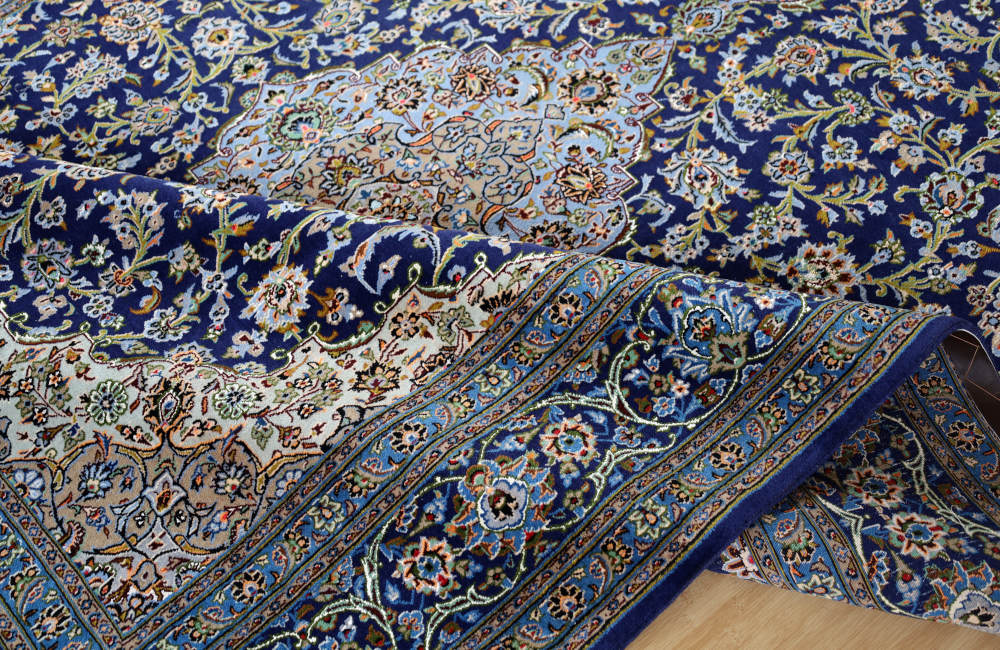 ペルシャ絨毯 イラン、カシャーン産 296×200cm ウール＆シルク　紺色