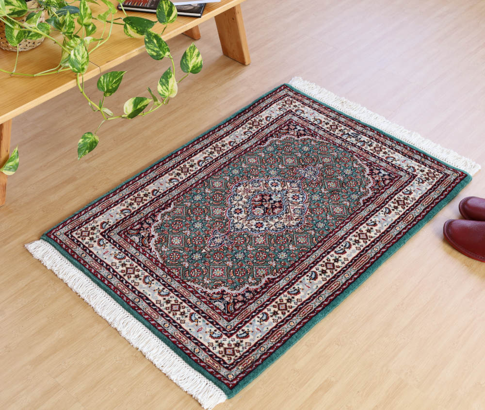 ペルシャ絨毯玄関マット イラン、ムード産 88×62cm ウール＆シルク　緑
