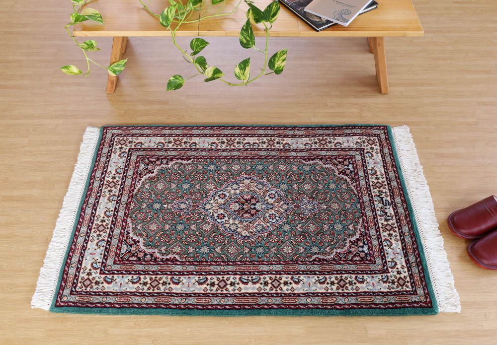 ペルシャ絨毯玄関マット イラン、ムード産 88×62cm ウール＆シルク　緑