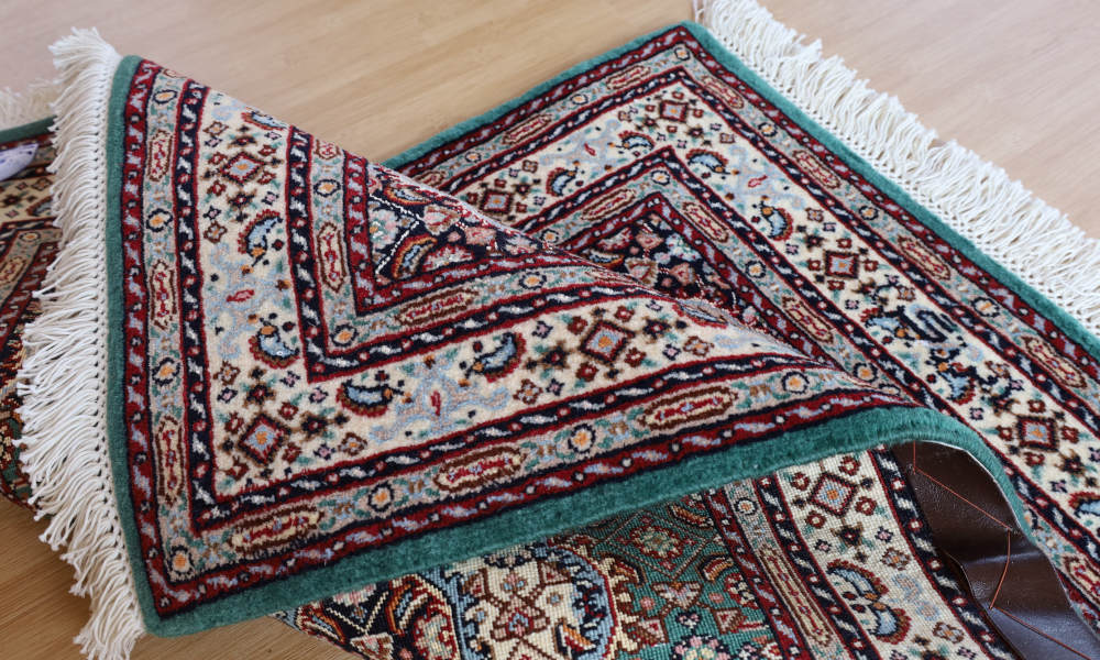 ペルシャ絨毯玄関マット イラン、ムード産 88×62cm ウール＆シルク　緑