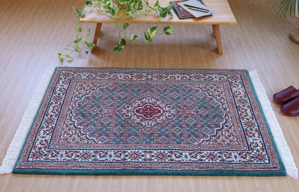 ペルシャ絨毯玄関マット イラン、ムード産 124×81cm ウール＆シルク　緑色