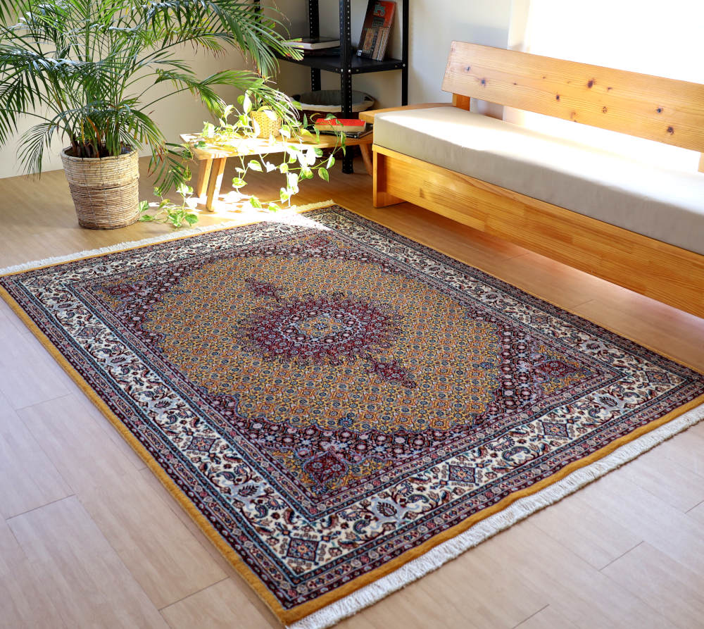 ペルシャ絨毯 イラン、ムード産 207×151cm ウール＆シルク　黄色