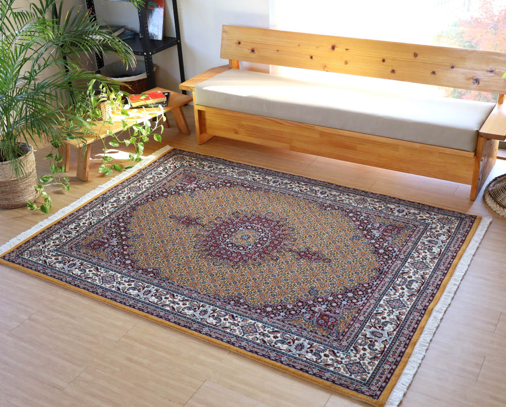 ペルシャ絨毯 イラン、ムード産 207×151cm ウール＆シルク　黄色