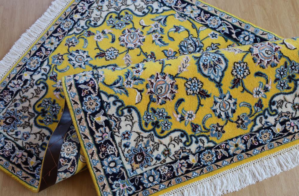 ペルシャ絨毯玄関マット イラン、ナイン産 114×77cm ウール＆シルク　黄色