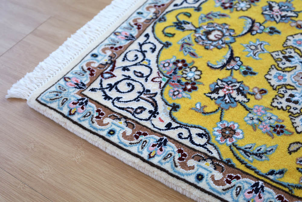 ペルシャ絨毯玄関マット イラン、ナイン産 89×61cm ウール&シルク 黄色