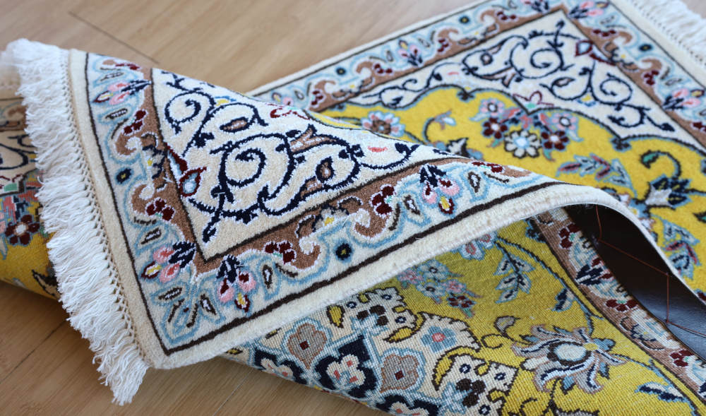 ペルシャ絨毯玄関マット イラン、ナイン産 89×61cm ウール&シルク 黄色