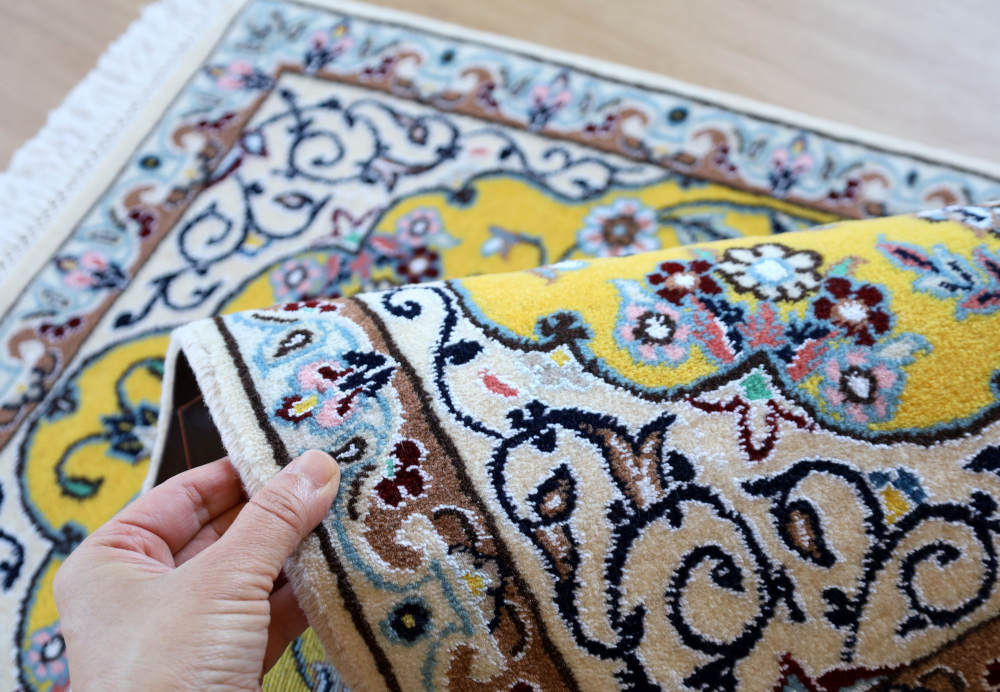 ペルシャ絨毯玄関マット イラン、ナイン産 89×61cm ウール&シルク 黄色