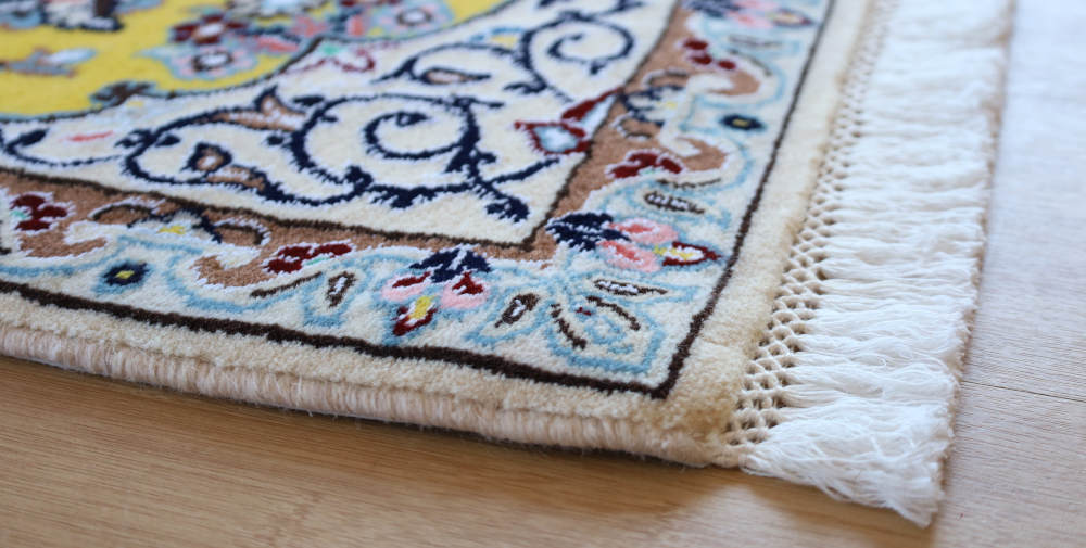 ペルシャ絨毯玄関マット イラン、ナイン産 89×61cm ウール&シルク 黄色