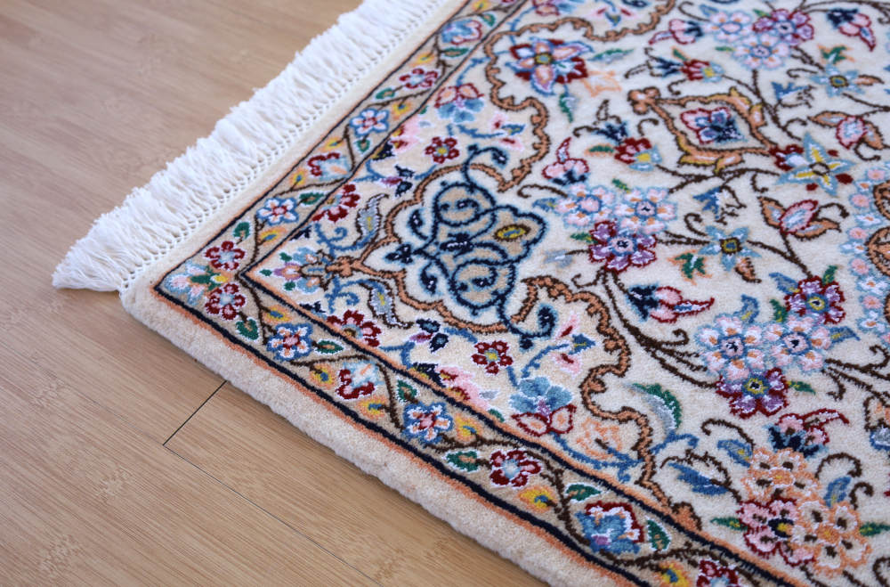 ペルシャ絨毯玄関マット イラン、ナイン産 91×63cm ウール＆シルク　白