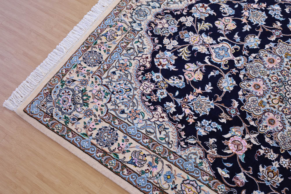 ペルシャ絨毯 イラン、ナイン産 201×151cm ウール＆シルク　ネイビー