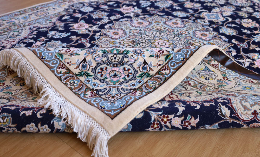 ペルシャ絨毯 イラン、ナイン産 201×151cm ウール＆シルク　ネイビー