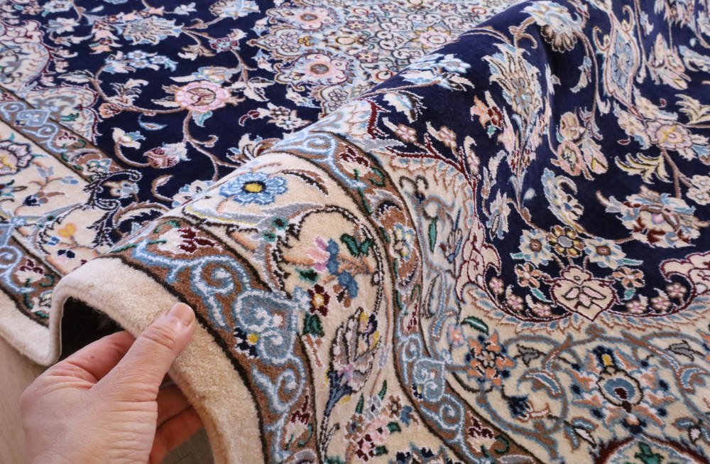 ペルシャ絨毯 イラン、ナイン産 201×151cm ウール＆シルク　ネイビー