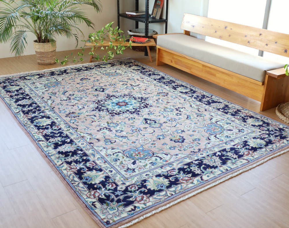 ペルシャ絨毯（2×3メートル） イラン、ヤズド産 298×202cm ウール　淡いピンクベージュ