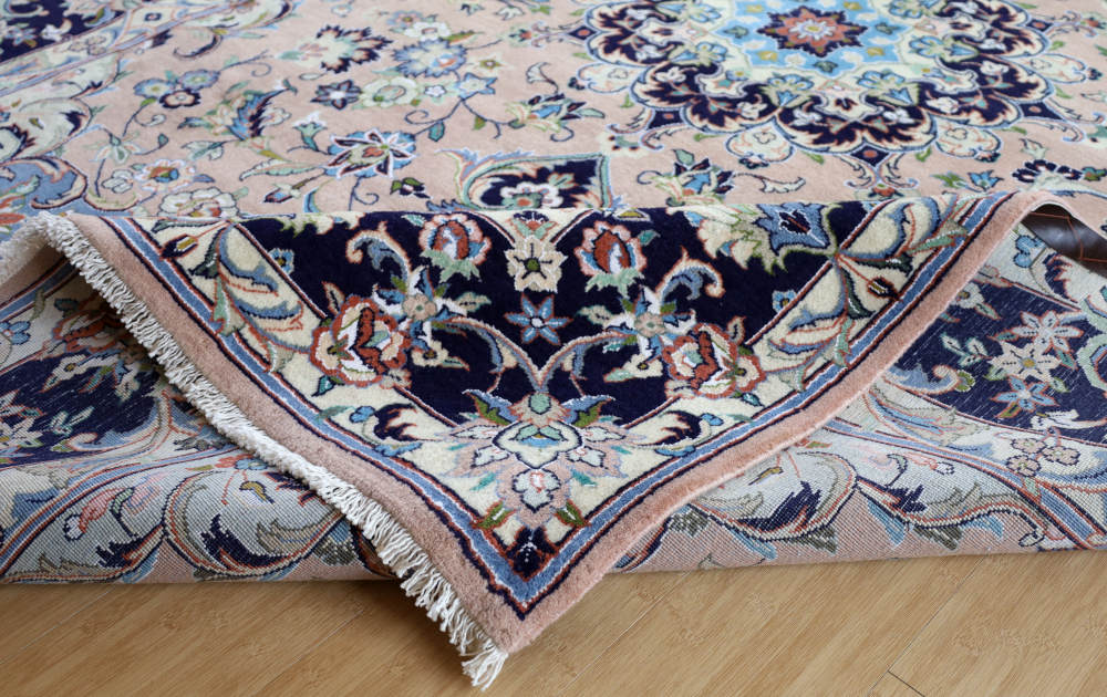 ペルシャ絨毯（2×3メートル） イラン、ヤズド産 298×202cm ウール　淡いピンクベージュ