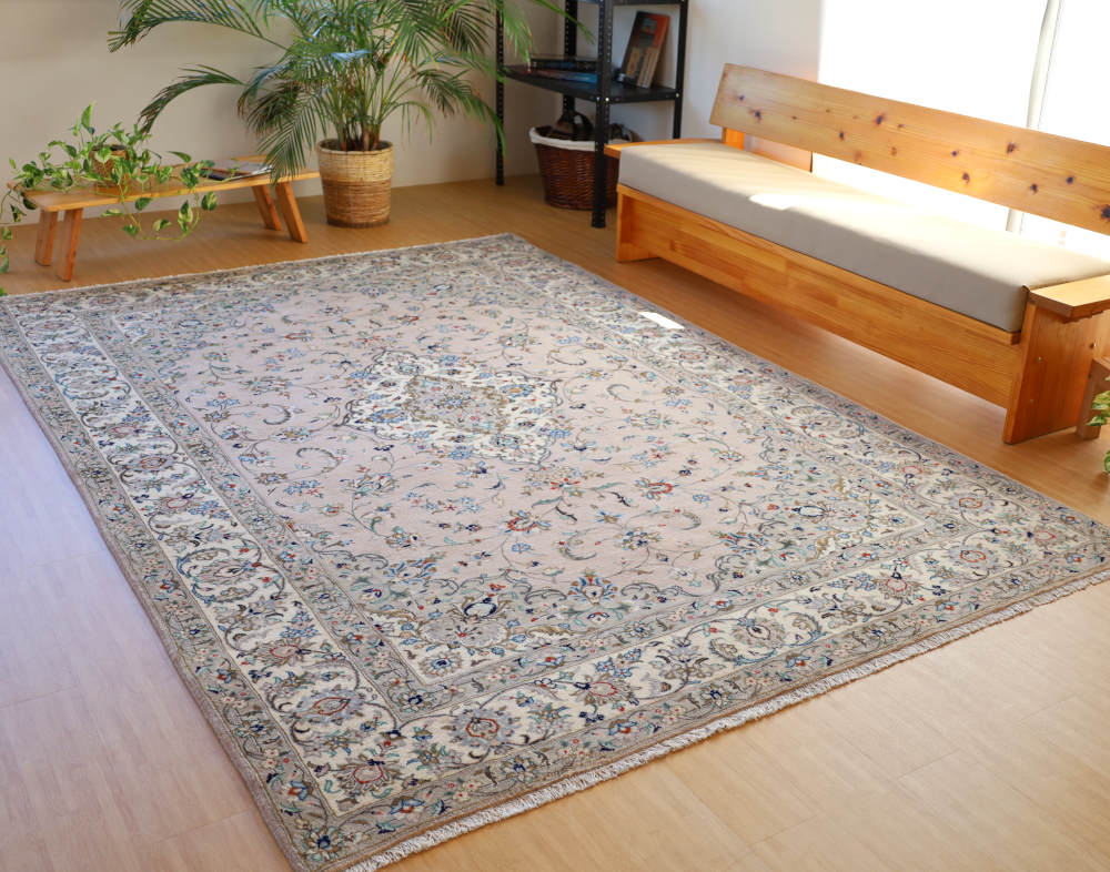 ペルシャ絨毯（2×3メートル） イラン、アルデカン産 290×195cm ウール　淡いピンクベージュ