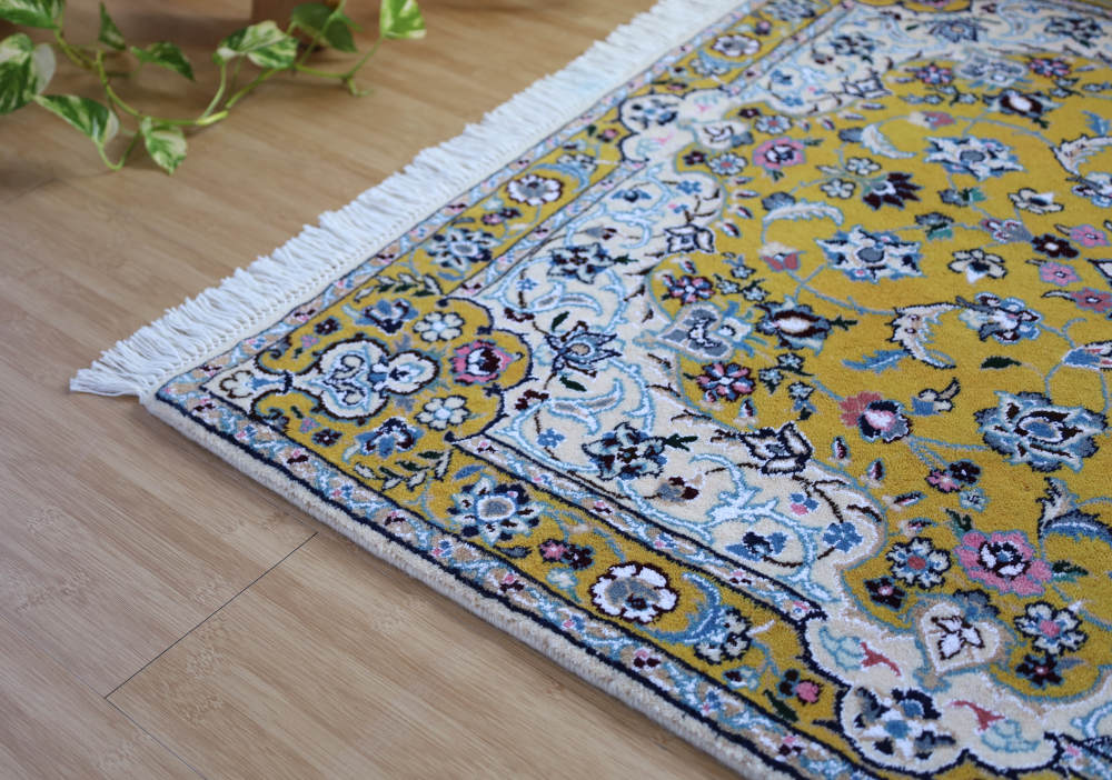 ペルシャ絨毯 ナイン産 147×103cm 黄色 ディテール2