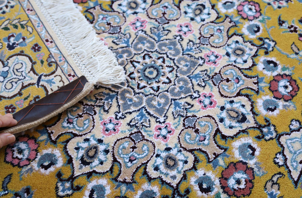 ペルシャ絨毯 ナイン産 147×103cm 黄色 メダリオン3