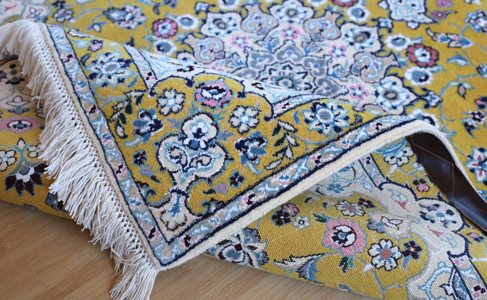 ペルシャ絨毯 ナイン産 147×103cm 黄色 ヘラティ文様