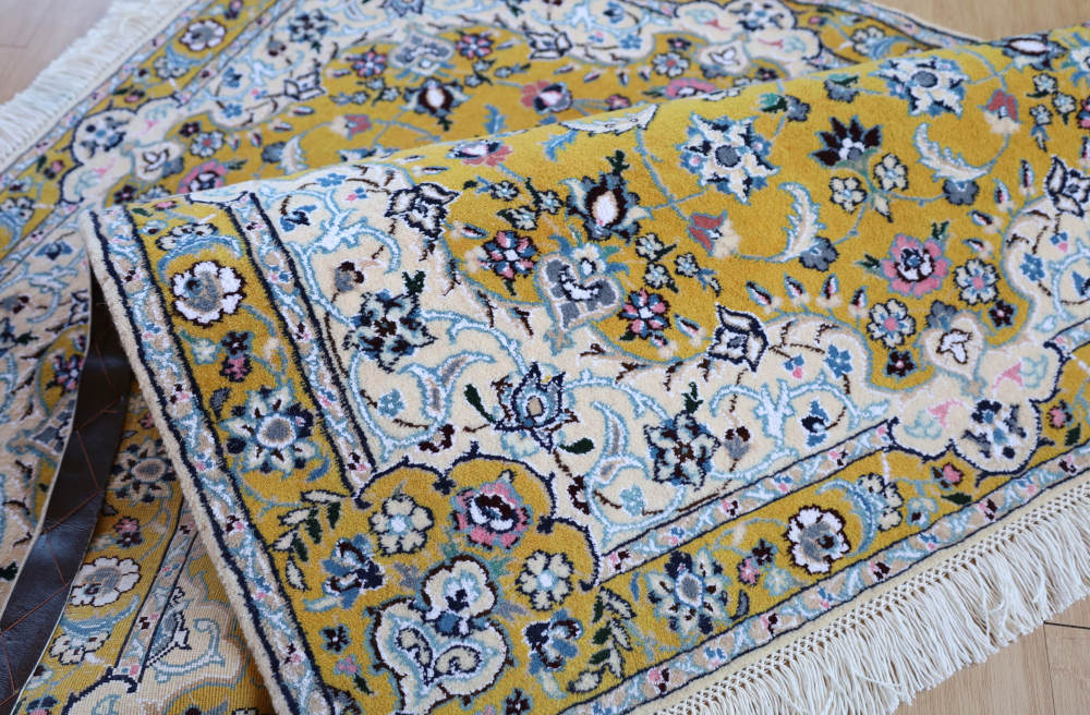 ペルシャ絨毯 ナイン産 147×103cm 黄色 裏面