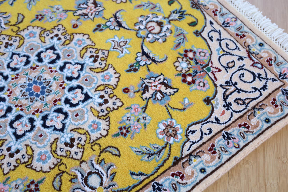 ペルシャ絨毯玄関マット イラン、ナイン産 88×62cm ウール＆シルク　黄色