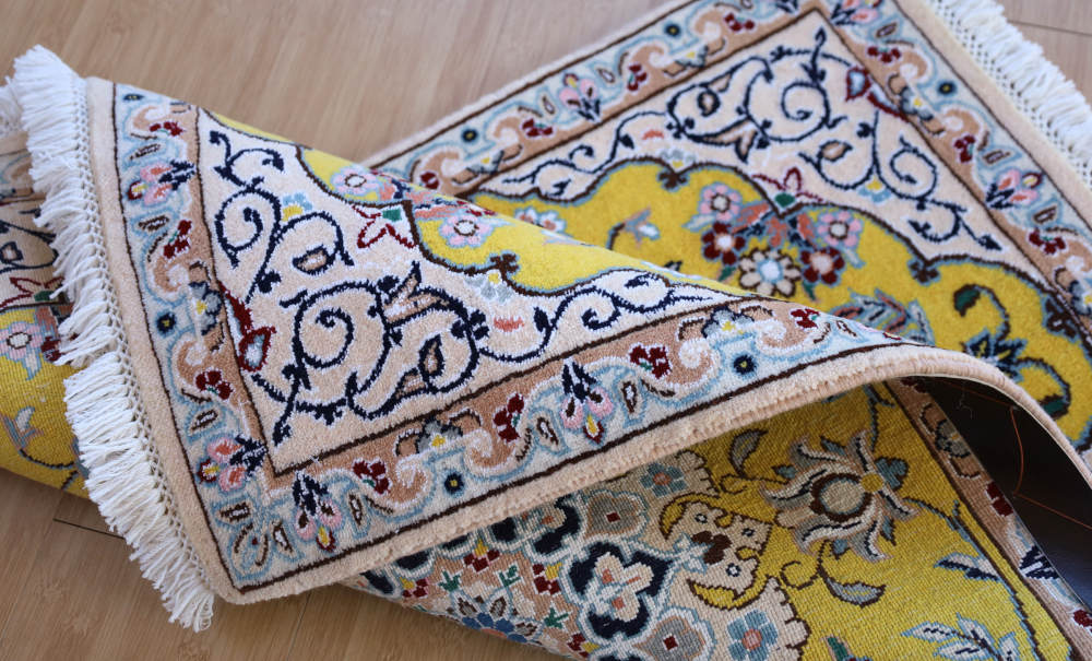 ペルシャ絨毯玄関マット イラン、ナイン産 88×62cm ウール＆シルク　黄色