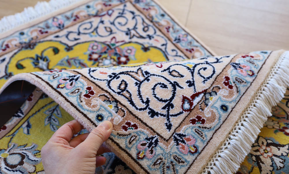 ペルシャ絨毯玄関マット イラン、ナイン産 88×62cm ウール＆シルク　黄色