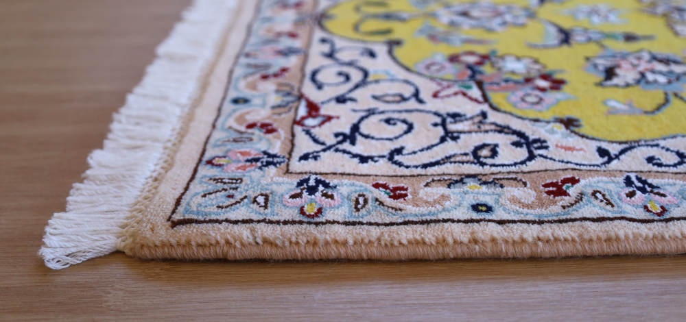 ペルシャ絨毯玄関マット イラン、ナイン産 88×62cm ウール＆シルク　黄色