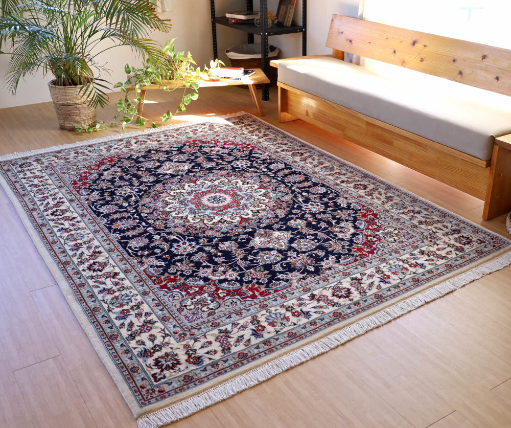 ペルシャ絨毯 イラン、マシャド産 242×180cm ウール　ネイビー