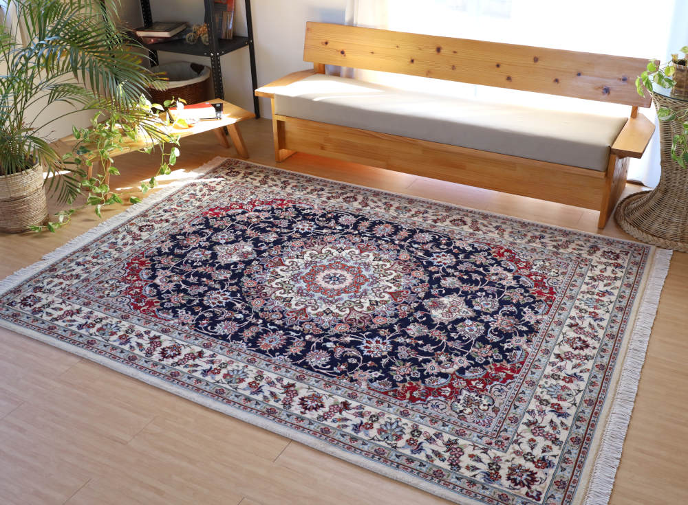 ペルシャ絨毯 イラン、マシャド産 242×180cm ウール　ネイビー