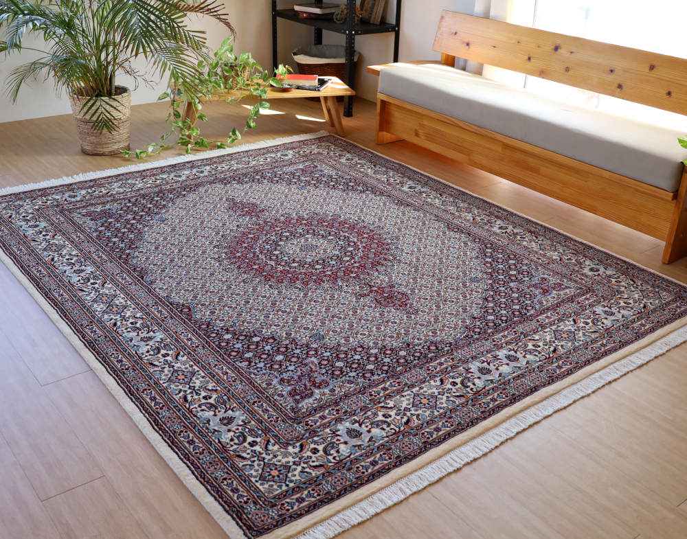 ペルシャ絨毯 イラン、ムード産 246×204cm ウール　アイボリー×ネイビー