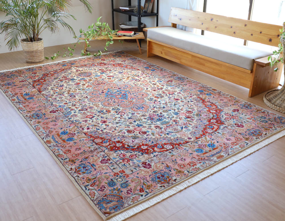 ペルシャ絨毯 イラン・カシュマル産 297×200cm ウール　テラコッタピンク×アイボリー